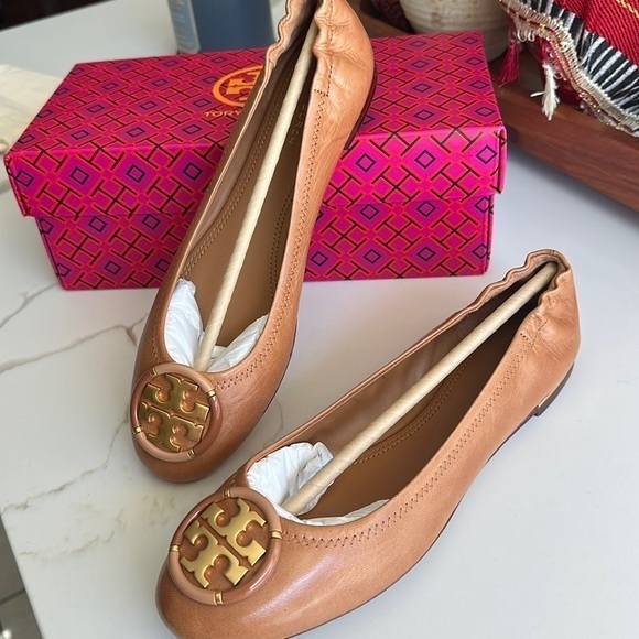 Tory Burch Shoes - TORY BURCH Multi Logo Goat Leather Ballet
Shoes - Tan